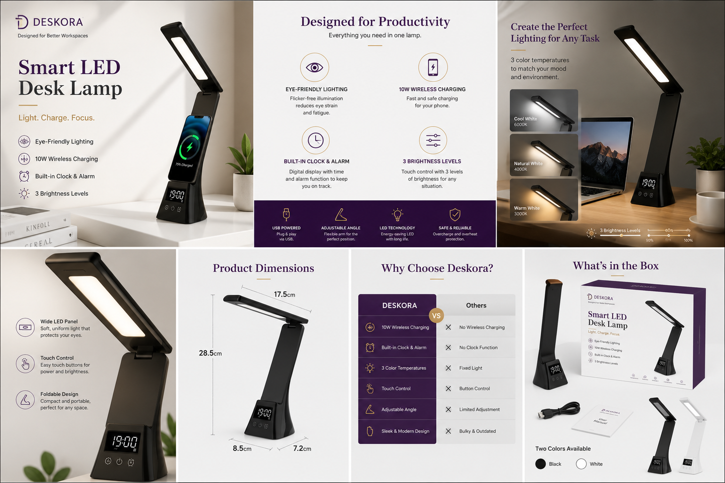Smart LED Desk Lamp with Wireless Charger | Deskora