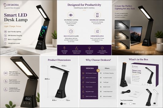 Smart LED Desk Lamp with Wireless Charger | Deskora