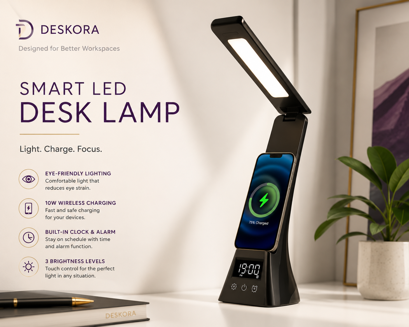 Smart LED Desk Lamp with Wireless Charger | Deskora