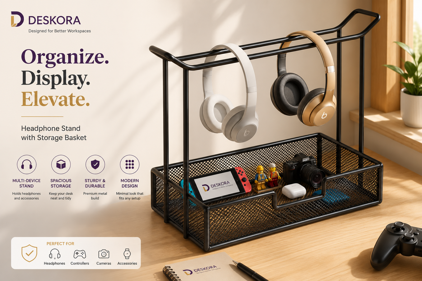 Headphone Stand with Storage Tray | Deskora